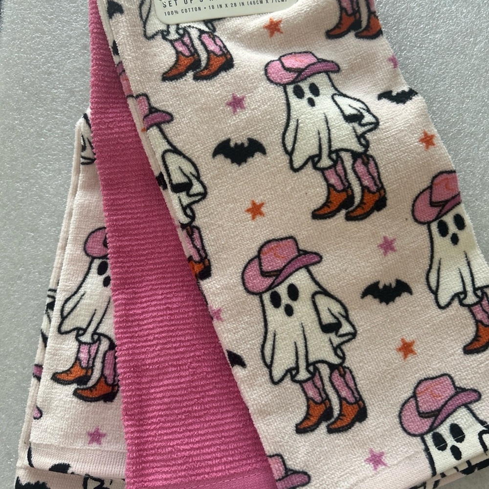 NEW Halloween Cowboy “Boots on the Ground “ Skeleton Kitchen Towels 3 Pack